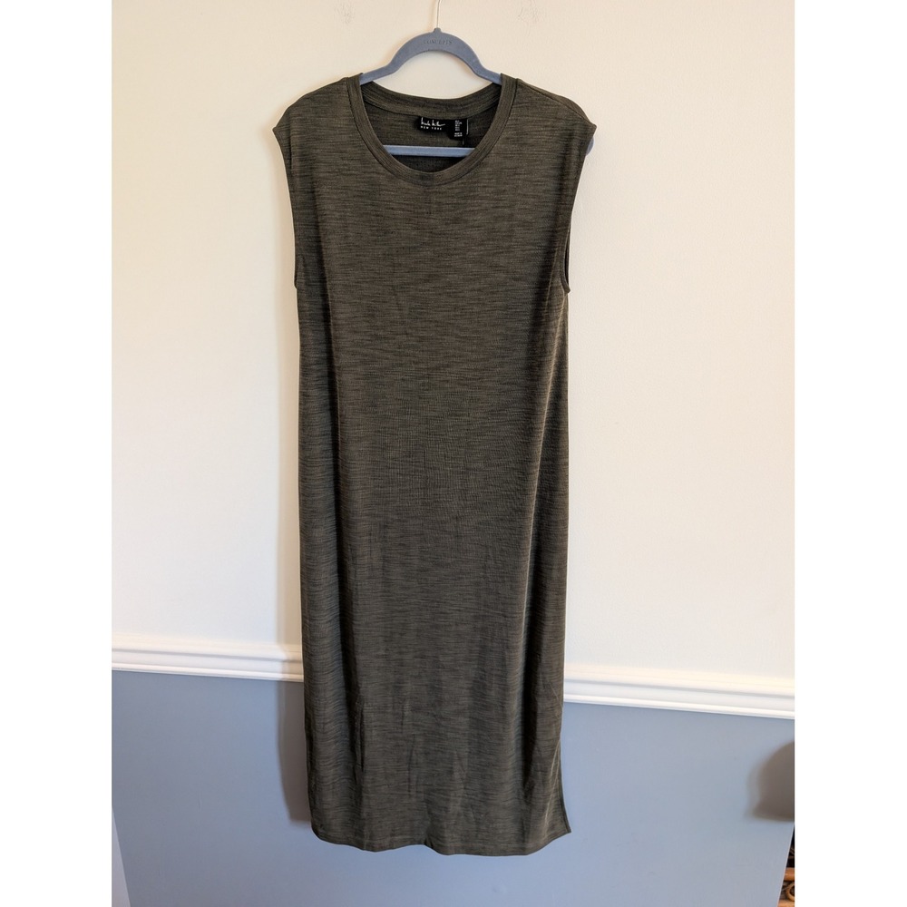 Nicole Miller Olive Green Ribbed Sleeveless Midi T-Shirt Dress large NWTs